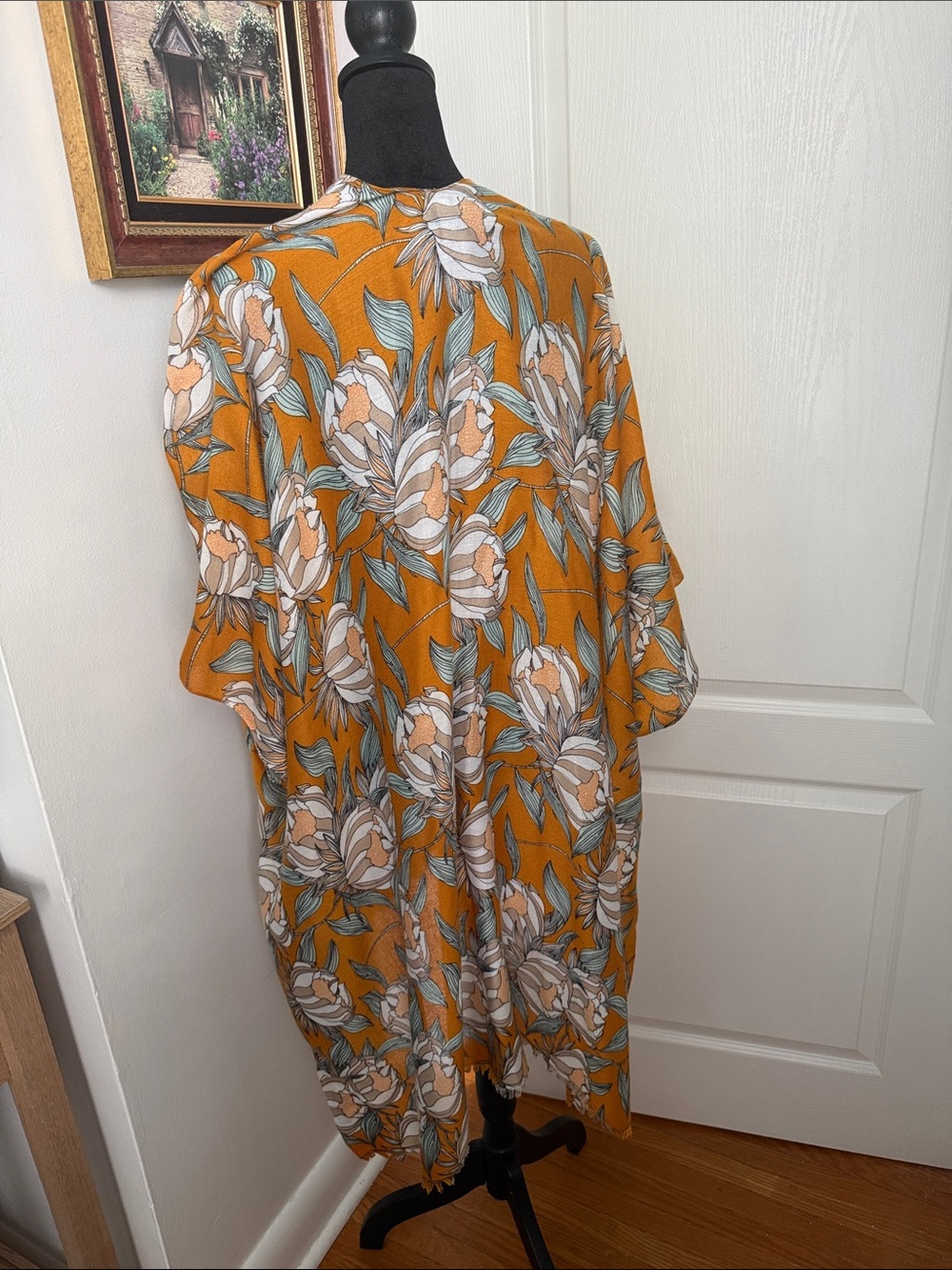 Floral Open-Front Kimono Cape in Mustard Yellow - Picture 2 of 3